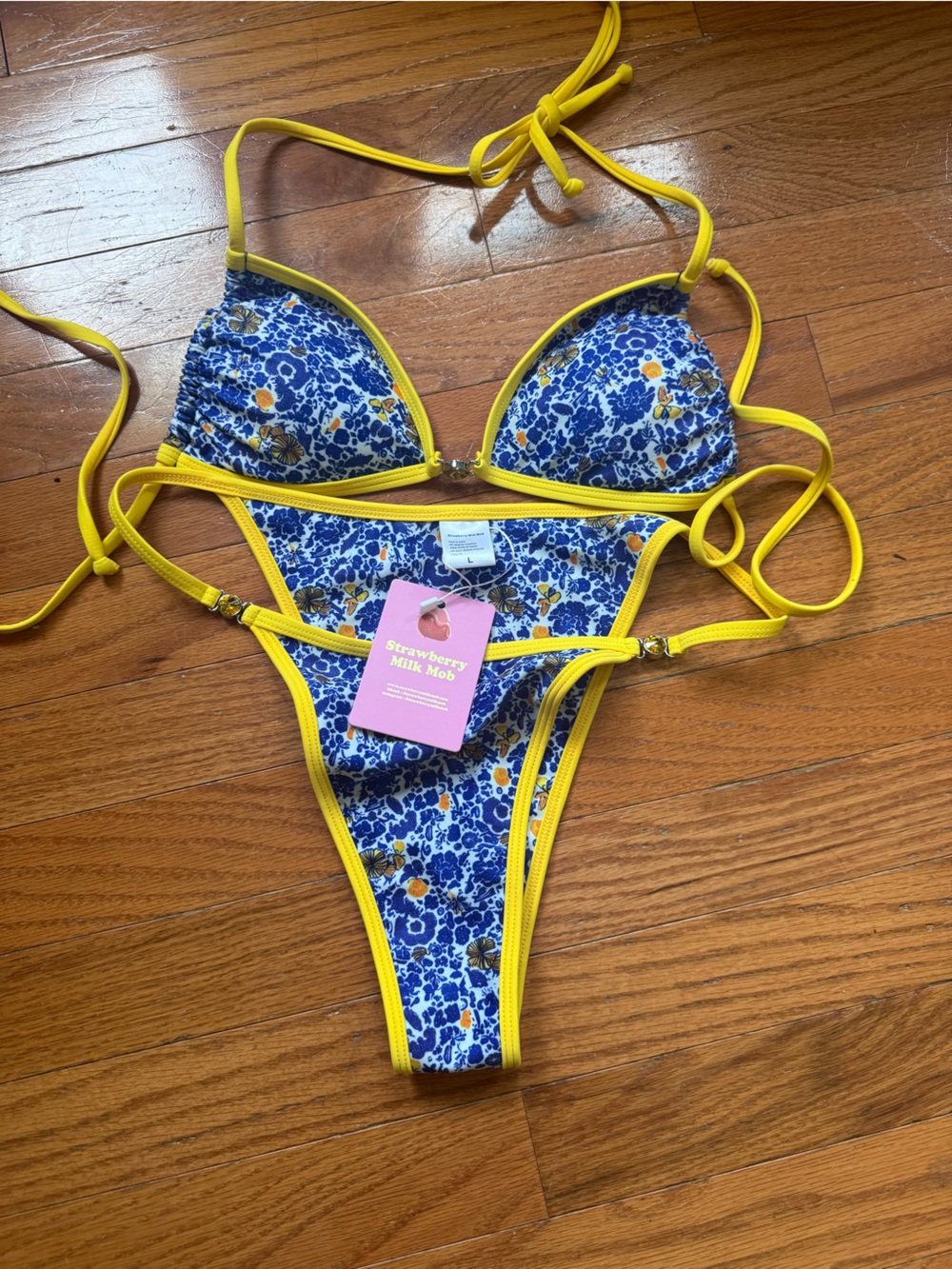 Strawberry Milk Mob Blue Floral Bikini with Yellow Trim